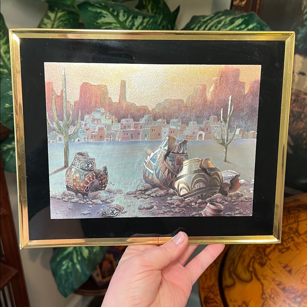 VTG SCAFA Tornabene Southwestern Foil Art Print Pueblo Pottery Framed Wall Art